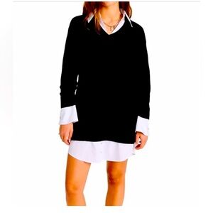 Cinq à sept sml sweater dress with attached shirt style collar sleeve hem detail